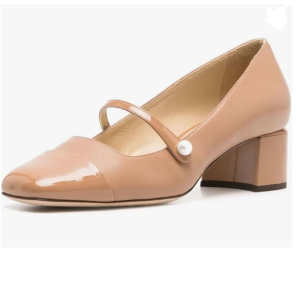 Wo Wagas Nude Cap Toe Slip On Pumps Pearls Low Chunky Heel Mary Jane Shoes